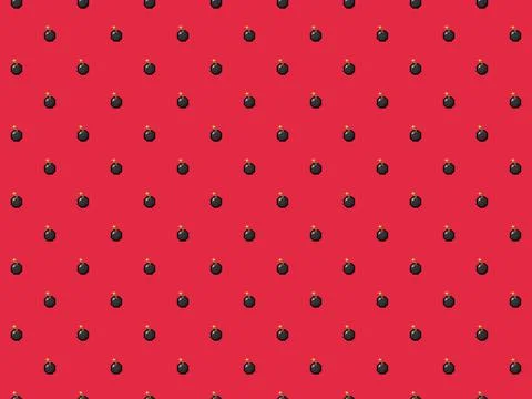 Pixel 8 bit bombs on red background - high res seamless pattern Stock Photos