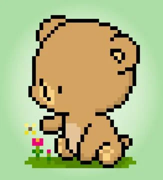 Pixel 8 bit brown bear sitting. Animal game assets in vector illustration. Stock Illustration