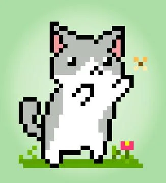 Pixel 8 bit cat catches a butterfly. Animals for game assets in vector Stock Illustration