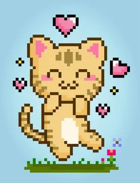 Pixel 8 bit cat happy. Animals for game assets in vector illustrations. Stock Illustration