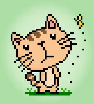 Pixel 8 bit cat saw a butterfly. Animals for game assets in vector イラスト素材