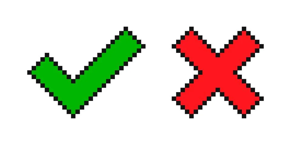 Pixel 8-bit check mark and cross. Tick and cross Stock Illustration