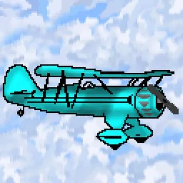 Pixel 8 bit drawn  antique blue plane with multicolored cloudy sky Stock Illustration