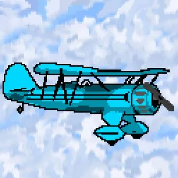 Pixel 8 bit drawn  antique plane with multicolored cloudy sky Stock Illustration
