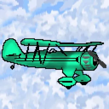 Pixel 8 bit drawn  antique plane with multicolored cloudy sky Stock Illustration