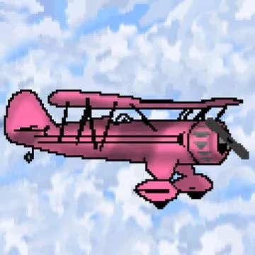 Pixel 8 bit drawn  antique plane with multicolored cloudy sky Stock Illustration