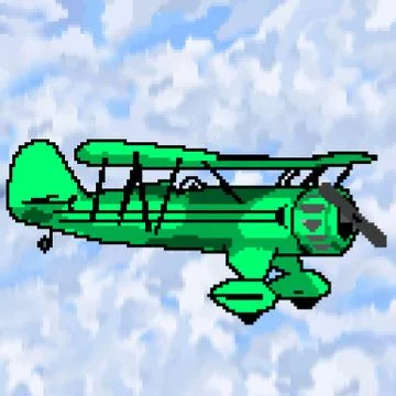 Pixel 8 bit drawn  antique plane with multicolored cloudy sky Stock Illustration