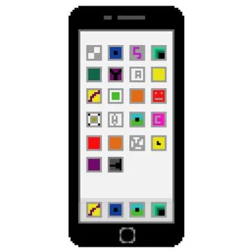 Pixel 8 bit drawn black cell phone with generic apps on the screen Stock Illustration