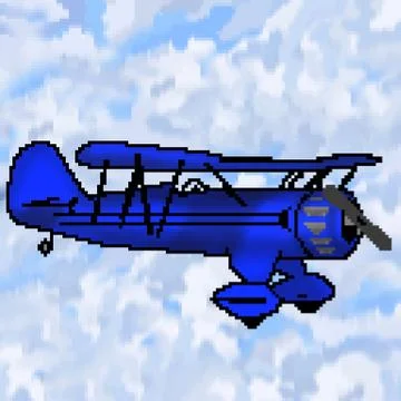 Pixel 8 bit drawn  blue antique plane with multicolored cloudy sky Stock Illustration