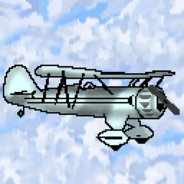 Pixel 8 bit drawn  blue antique plane with multicolored cloudy sky Stock Illustration