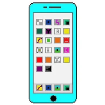 Pixel 8 bit drawn blue cell phone with generic apps on the screen Stock Illustration