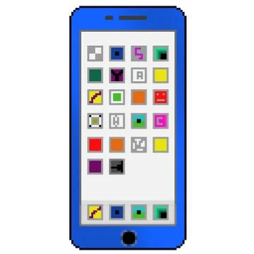 Pixel 8 bit drawn blue cell phone with generic apps on the screen Stock Illustration