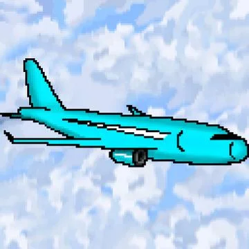 Pixel 8 bit drawn blue passenger jet plane with cloudy sky Stock Illustration