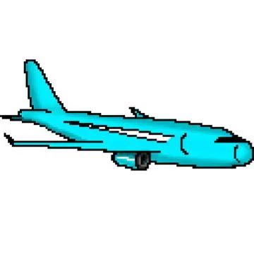 Pixel 8 bit drawn blue passenger jet plane Stock Illustration