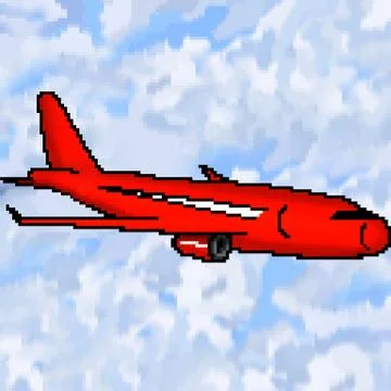 Pixel 8 bit drawn blue passenger jet plane with cloudy sky Stock Illustration