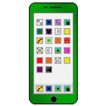 Pixel 8 bit drawn green cell phone with generic apps on the screen Stock Illustration