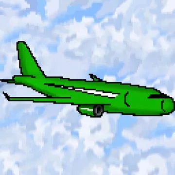 Pixel 8 bit drawn green passenger jet plane with cloudy sky Stock Illustration