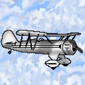 Pixel 8 bit drawn grey antique plane with multicolored cloudy sky Stock Illustration