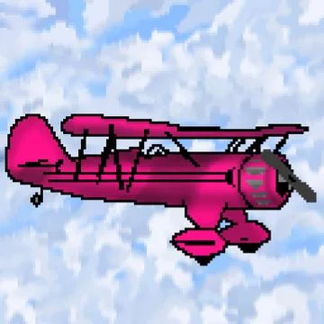 Pixel 8 bit drawn hot pink antique plane with multicolored cloudy sky Stock Illustration