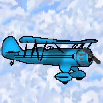 Pixel 8 bit drawn light blue antique plane with multicolored cloudy sky Stock Illustration