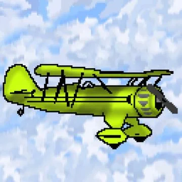 Pixel 8 bit drawn lime antique plane with multicolored cloudy sky Stock Illustration