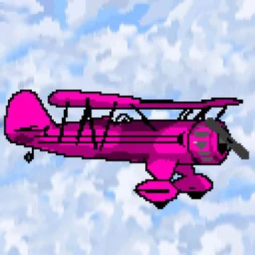 Pixel 8 bit drawn magenta antique plane with multicolored cloudy sky Stock Illustration