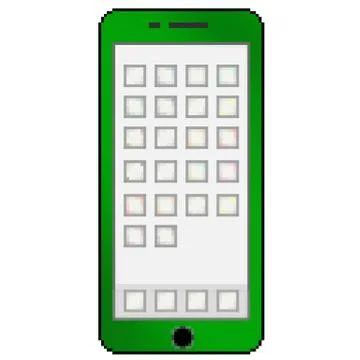 Pixel 8 bit drawn multicolored cell phone with blank app thumbnails Stock Illustration