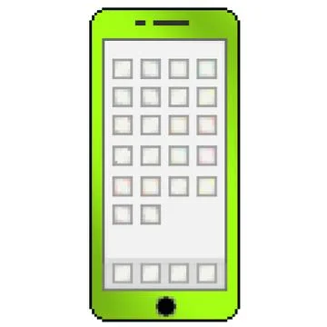 Pixel 8 bit drawn multicolored cell phone with blank app thumbnails Stock Illustration