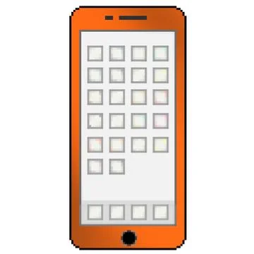 Pixel 8 bit drawn multicolored cell phone with blank app thumbnails Stock Illustration