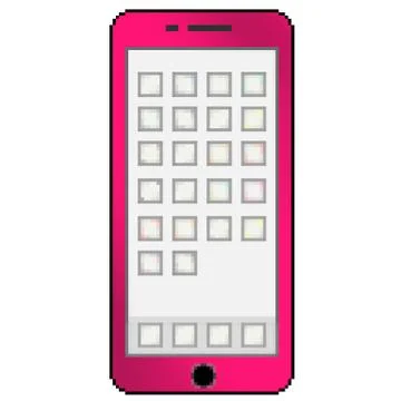 Pixel 8 bit drawn multicolored cell phone with blank app thumbnails Stock Illustration