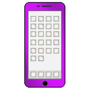 Pixel 8 bit drawn multicolored cell phone with blank app thumbnails Stock Illustration