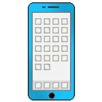 Pixel 8 bit drawn multicolored cell phone with blank app thumbnails Stock Illustration