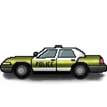 Pixel 8 bit drawn multicolored police cruiser with emergency lights Stock Illustration