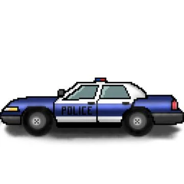 Pixel 8 bit drawn multicolored police cruiser with emergency lights Stock Illustration