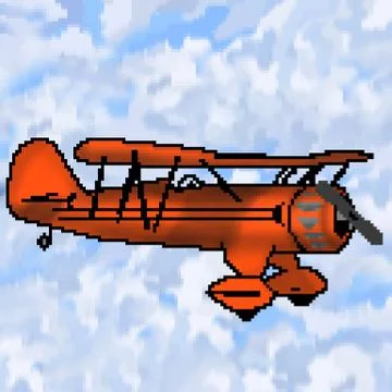 Pixel 8 bit drawn orange antique plane with multicolored cloudy sky Stock Illustration