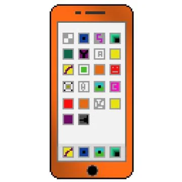 Pixel 8 bit drawn orange cell phone with generic apps on the screen Stock Illustration