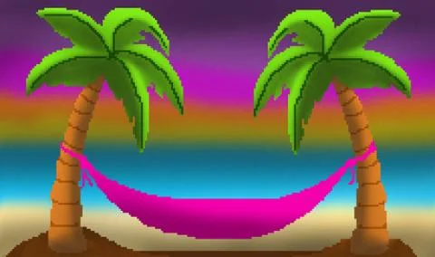 Pixel 8 bit drawn palm trees with hammock sunset on sandy beach Stock Illustration