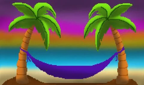 Pixel 8 bit drawn palm trees with hammock sunset on sandy beach Stock Illustration