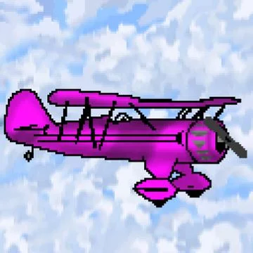 Pixel 8 bit drawn pink camo antique plane with multicolored cloudy sky Stock Illustration