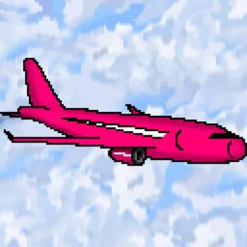 Pixel 8 bit drawn pink passenger jet plane with cloudy sky Stock Illustration