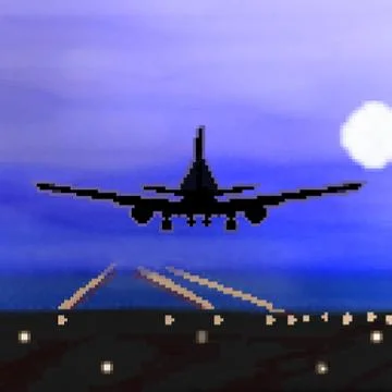 Pixel 8 bit drawn plane landing during nighttime flight Stock Illustration