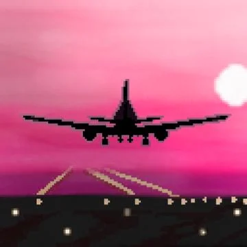 Pixel 8 bit drawn plane landing during sunrise flight Stock Illustration