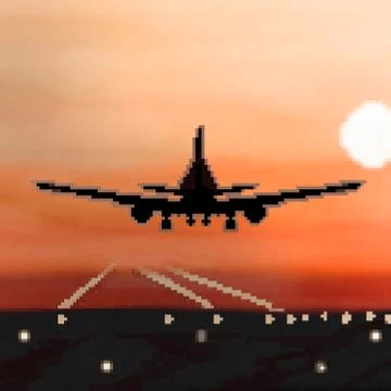 Pixel 8 bit drawn plane landing during sunrise flight Stock Illustration