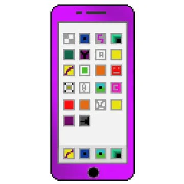 Pixel 8 bit drawn purple cell phone with generic apps on the screen Stock Illustration