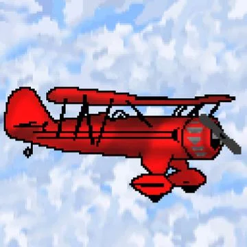 Pixel 8 bit drawn red antique plane with multicolored cloudy sky Stock Illustration