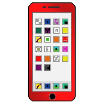 Pixel 8 bit drawn red cell phone with generic apps on the screen Stock Illustration