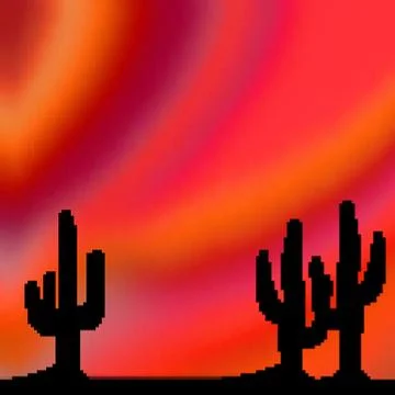 Pixel 8 bit drawn vivid desert sky with cactus foreground Stock Illustration