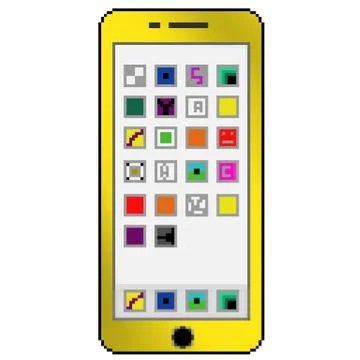 Pixel 8 bit drawn yellow cell phone with generic apps on the screen Stock Illustration