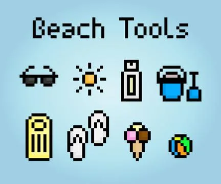 Pixel 8 bit equipment to the beach. Game asset icons in vector illustrations. Illustrazione stock