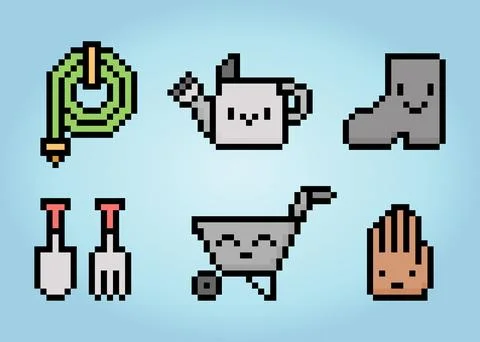 Pixel 8 bit of gardening tools. hose, watering can, boots, trowel, fork Stock-Illustration